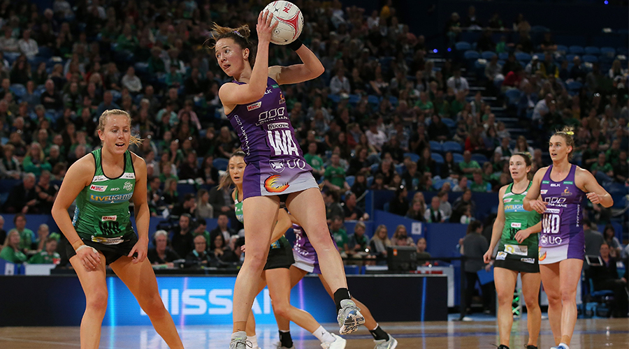 Caitlyn Nevins of the Firebirds in action during the round 13 Super Netball match between the West Coast Fever and the Queensland Firebirds at RAC Arena on August 18, 2019 in Perth, Australia. 