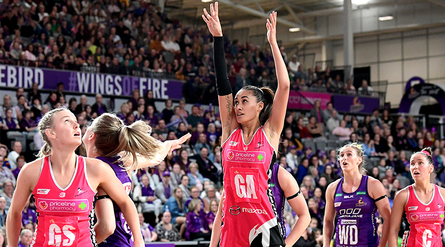Maria Folau of the Thunderbirds shoots during the round 12 Super Netball match between the Queensland Firebirds and Adelaide Thunderbirds at Brisbane Arena on August 11, 2019 in Brisbane, Australia.