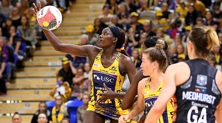 Phumza Maweni of the Lightning catches the ball during the Round 8 Super Netball match between the Sunshine Coast Lightning and the Collingwood Magpies at the University of Sunshine Coast on June 15, 2019 in Sunshine Coast, Australia. 