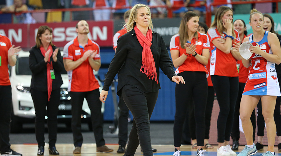 NSW Swifts head coach Briony Akle is all smiles after her team wins the the 2019 Suncorp Super Netball Grand Final agains the Sunshine Coast Lightning at the Brisbane Entertainment Centre.