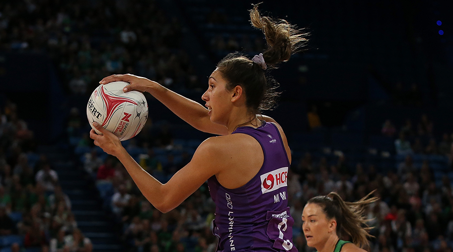  Jemma Mi Mi of the Firebirds in action during the round 13 Super Netball match between the West Coast Fever and the Queensland Firebirds at RAC Arena on August 18, 2019 in Perth, Australia.