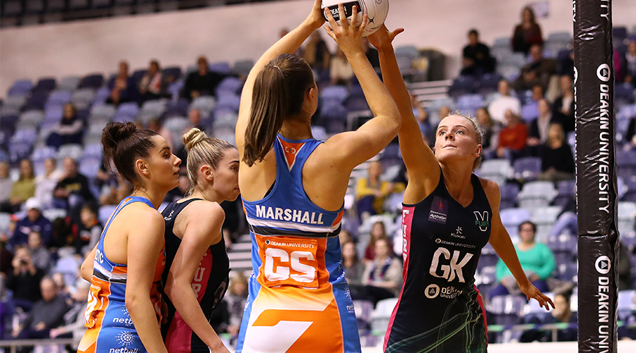 Rudi Ellis of the Victorian Fury defends as Georgia Marshall of the Canberra Giants shoots during the Australian Netball League Finals at State Netball Hockey Centre on June 29, 2019 in Melbourne, Australia. 