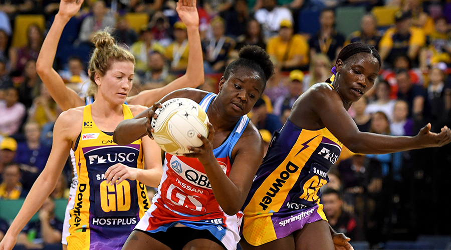 Sam Wallace of the Swifts wins the challenge for the ball during the Super Netball Grand Final match between the Sunshine Coast Lightning and the Sydney Swifts at the Brisbane Entertainment Centre on September 15, 2019 in Brisbane, Australia. 