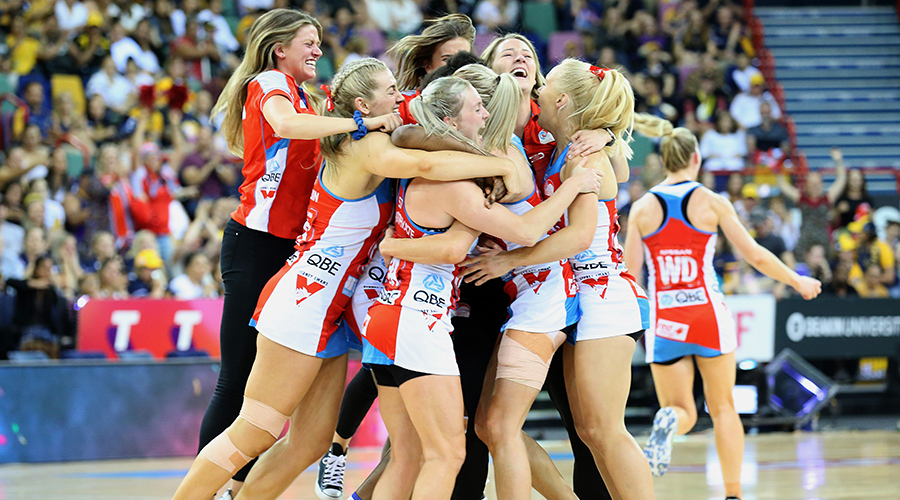 The Swifts celebrate the win during the Super Netball Grand Final match between the Sunshine Coast Lightning and the Sydney Swifts at Brisbane Entertainment Centre on September 15, 2019 in Brisbane, Australia.