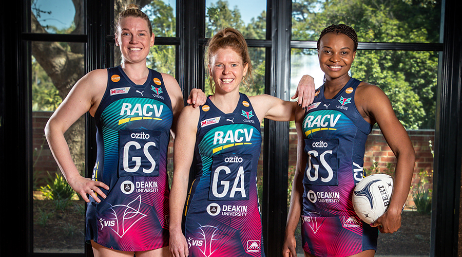 Melbourne Vixens shooters Tegan Philip, Caitlin Thwaites and Mwai Kumwenda (from left to right) pose after the team announced their re-signing for the 2020 season.
