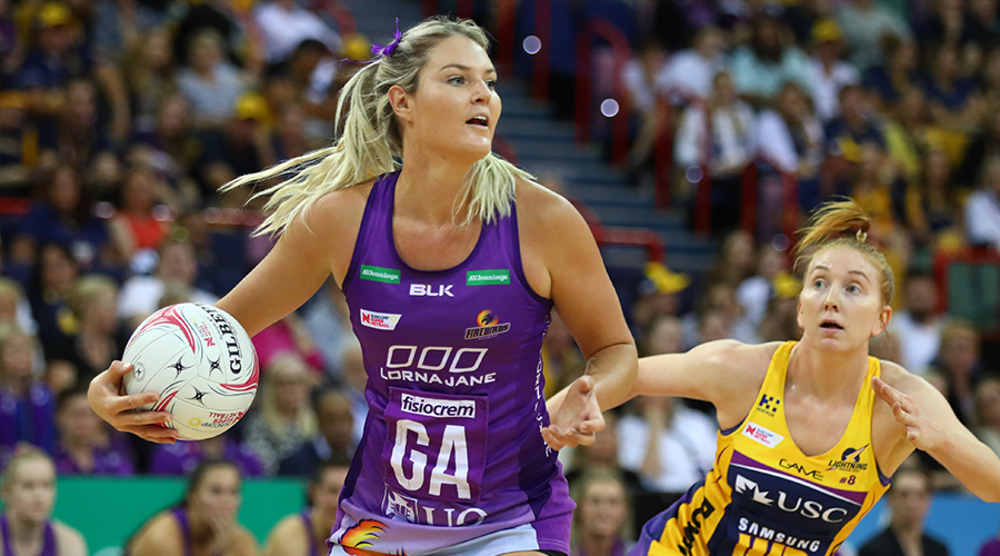 Gretel Tippett of the Firebirds in action during the round three Super Netball match between the Sunshine Coast Lightning and the Queensland Firebirds at Brisbane Arena on May 12, 2019 in Brisbane, Australia.