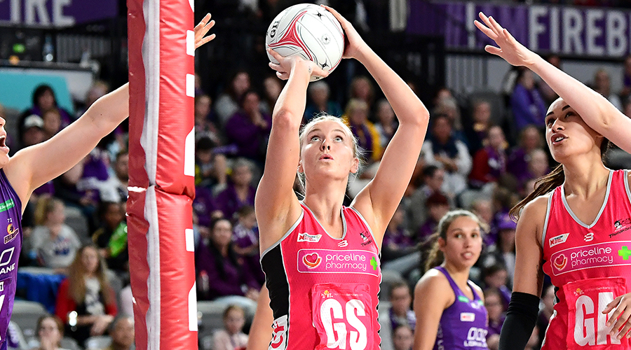  Sasha Glasgow of the Thunderbirds shoots during the round 12 Super Netball match between the Queensland Firebirds and Adelaide Thunderbirds at Brisbane Arena on August 11, 2019 in Brisbane, Australia.