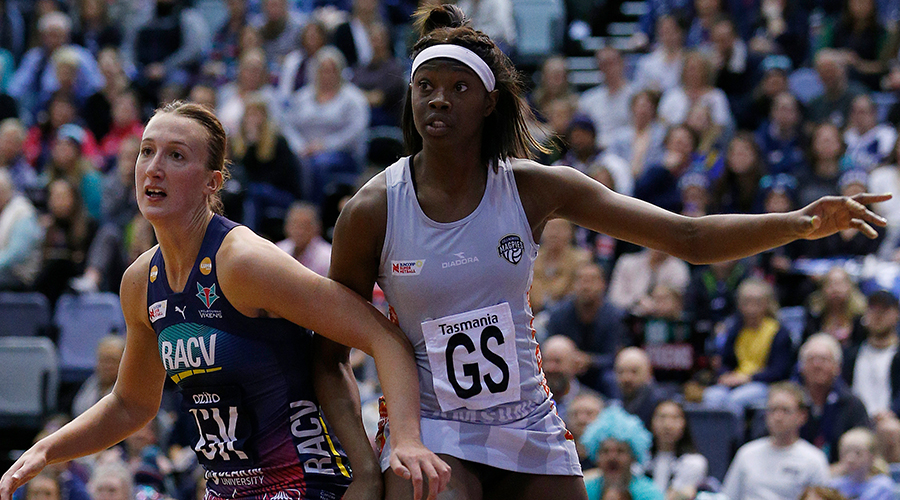 Shimona Nelson of the Magpies and Emily Mannix of the Vixens compete during the Super Netball Minor Semi Final match between the Melbourne Vixens and the Collingwood Magpies at the State Netball and Hockey Centre on September 01, 2019 in Melbourne, Australia.