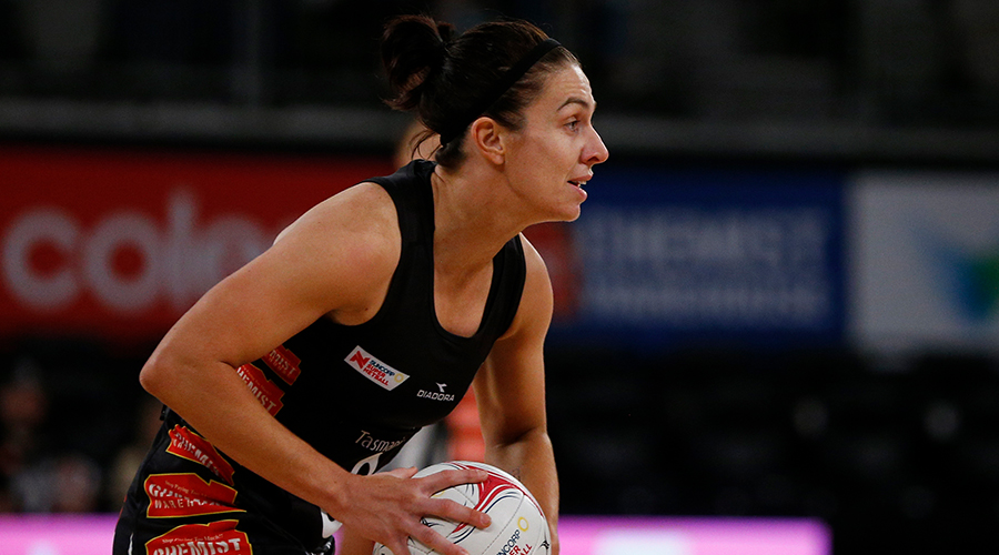 Ashleigh Brazill of the Magpies looks inside during the Round 10 Super Netball match between the Collingwood Magpies and the GWS Giants at the Melbourne Arena in Melbourne, Sunday, July 28, 2019.