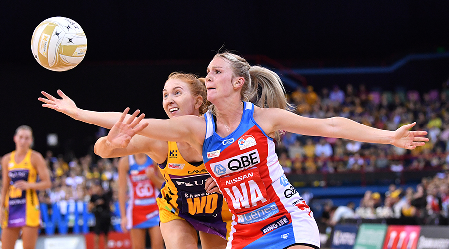 Madeline McAuliffe (left) of the Lightning contests for the ball against Natalie Haythornthwaite (right) of the Swifts during the Super Netball Grand Final match between the Sunshine Coast Lightning and the New South Wales Swifts at the Brisbane Entertainment Centre in Brisbane, Sunday, September 15, 2019.