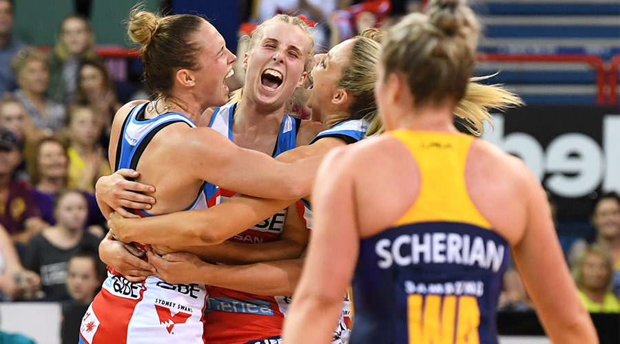 Swifts players react after winning the Super Netball Grand Final between the Sunshine Coast Lightning and the New South Wales Swifts at the Brisbane Entertainment Centre in Brisbane, Sunday, September 15, 2019. 
