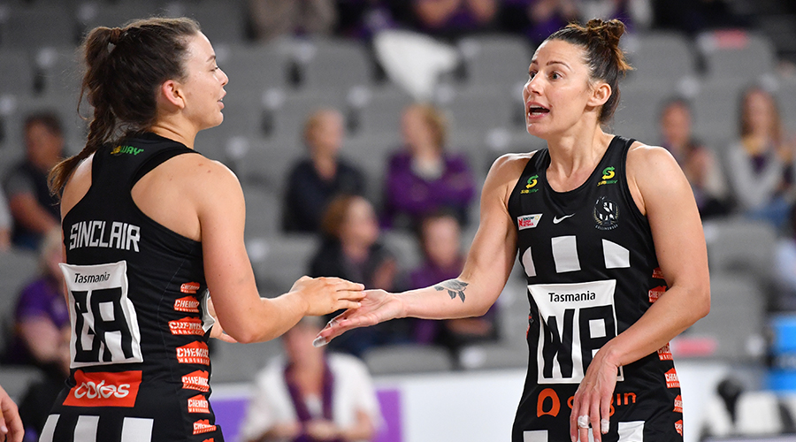 Gabrielle Sinclair (left) and Madi Browne (right) of the Magpies are seen during the round 3 Super Netball match between the Queensland Firebirds and the Collingwood Magpies at Nissan Arena, Brisbane, Tuesday, August 11, 2020.
