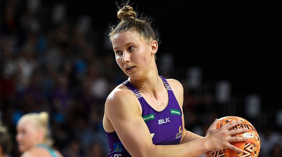 Mahalia Cassidy of the Firebirds in action during the Round 13 Super Netball match between the Melbourne Vixens and the Queensland Firebirds at Pop Up Arena in Cairns, Sunday, September 20, 2020. 