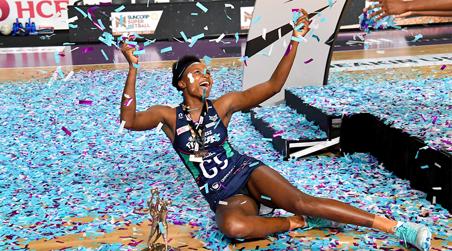 Mwai Kumwenda of the Vixens celebrates winning the Super Netball Grand Final between the Melbourne Vixens and West Coast Fever at Nissan Arena in Brisbane, Sunday, October 18, 2020.