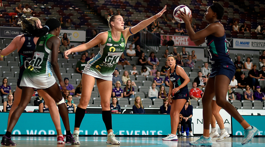 Courtney Bruce of the Fever defends against Mwai Kumwenda of the Vixens during the Round 10 Super Netball match between the Melbourne Vixens and West Coast Fever at Nissan Arena in Brisbane, Saturday, September 5, 2020. (