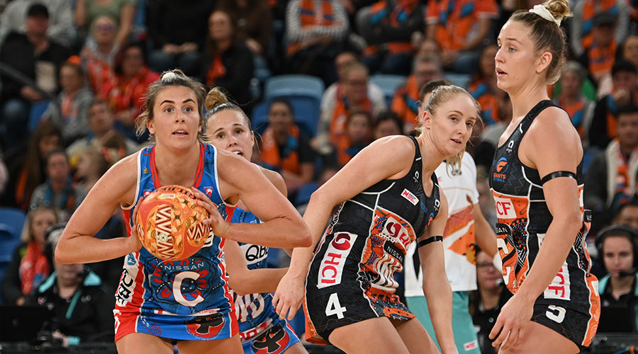 Maddy Proud of the Swifts and Maddie Hay of the Giants during the Round 6 Super Netball match between the GWS Giants and NSW Swifts at Ken Rosewall Arena in Sydney, Sunday, June 6, 2021.