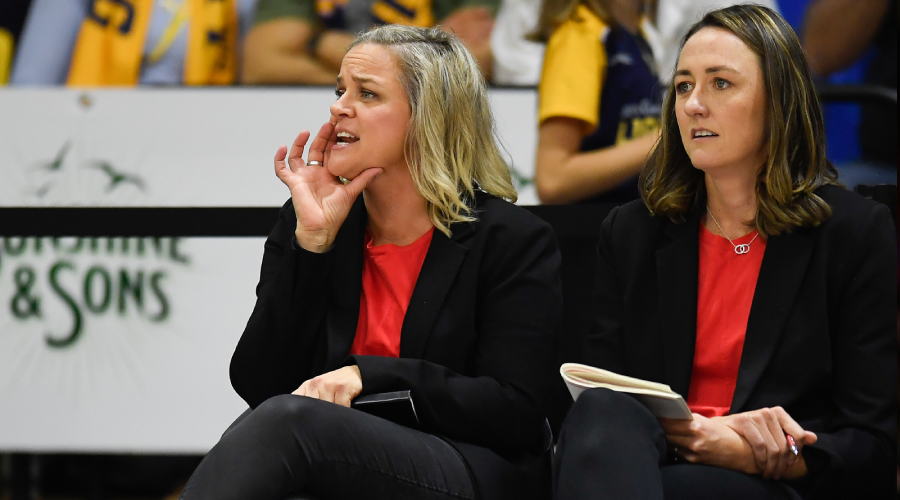 NSW Swifts coach Briony Akle shouts instructions during the Round 4 Super Netball match between the Sunshine Coast Lightning and NSW Swifts at USC Stadium on the Sunshine Coast, Sunday, May 23, 2021.