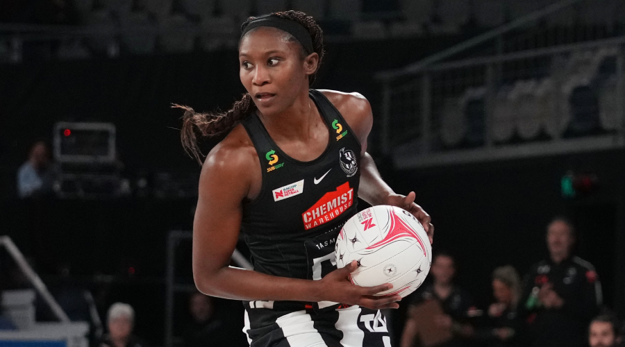 odi-Ann Ward of the Magpies competes for the ball during the Round 3 Super Netball match between the Collingwood Magpies and Adelaide Thunderbirds at John Cain Arena in Melbourne, Saturday, May 15, 2021.