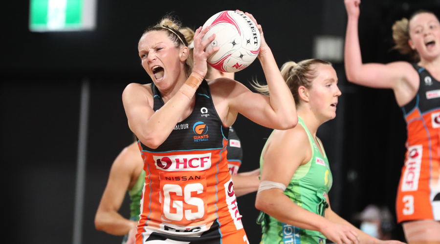 Jo Harten of the Giants reacts at the final siren during the Super Netball Round 14 match between West Coast Fever and GWS Giants at Nissan Arena in Brisbane, Saturday , August 7, 2021. 