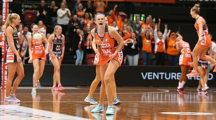 Jo Harten of the Giants celebrates after winning the Minor Semi-Final Super Netball match between Giants Netball and Magpies Netball at the Sydney Olympic Park Sports Centre in Sydney, Saturday, June 3, 2017.