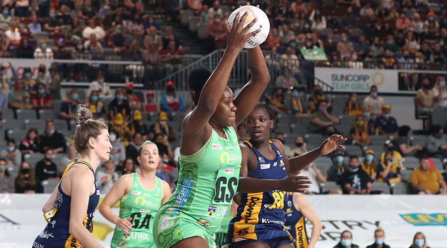 Jhaniele Fowler of the Fever in action during the Super Netball Semi-Final 2 match between Fever and Sunshine Coast Lightning at Nissan Arena in Brisbane, Saturday , August 14, 2021.