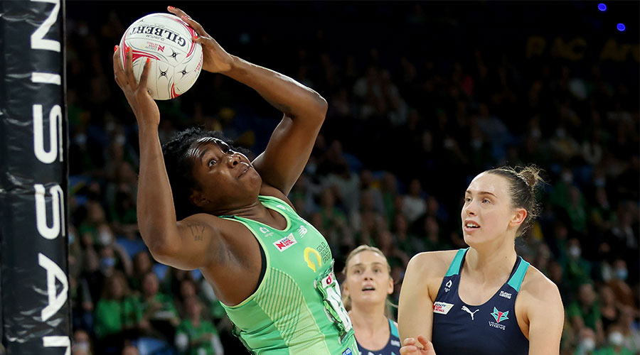 Jhaniele Fowler of the Fever and Olivia Lewis of the Vixens during the Super Netball Round 10 match between the West Coast Fever and the Melbourne Vixens at RAC Arena in Perth, Tuesday, May 17, 2022.