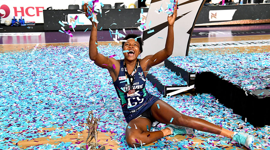 Mwai Kumwenda of the Vixens celebrates winning the Super Netball Grand Final between the Melbourne Vixens and West Coast Fever at Nissan Arena in Brisbane, Sunday, October 18, 2020. 