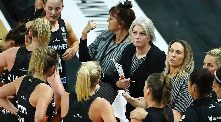 Magpies coach Kristy Keppich-Birrell addressing her team at half time
