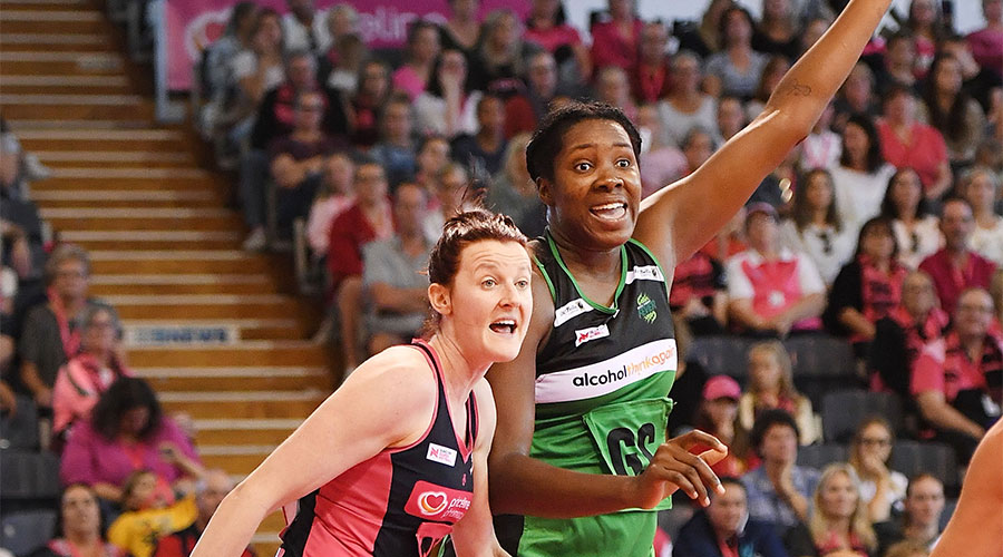 Jhaniele Fowler calling for the ball against Kate Shimmin