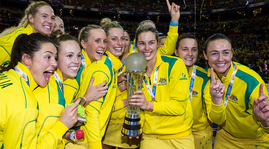 The Australian Diamonds team holding up the trophy after winning the World Cup in 2015