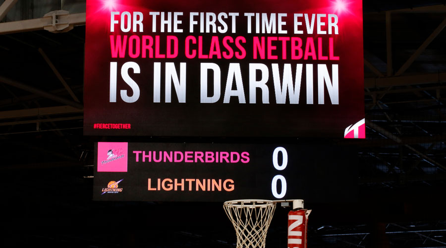 Big Screen stating 'For the First time ever World Class Netball is in Darwin'