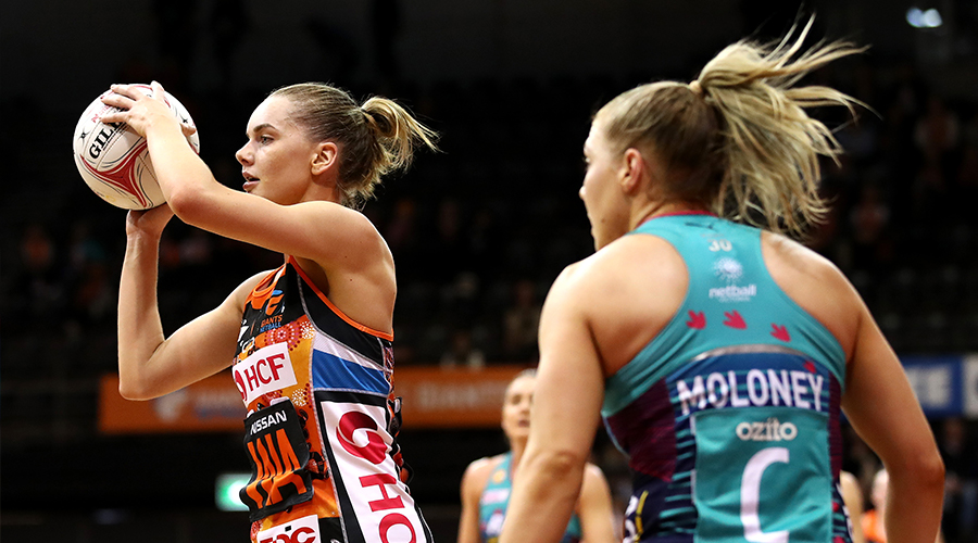 Kiera Austin of the Giants passes during the round 9 Super Netball match between the Giants and the Vixens at Quay Centre on June 22, 2019 in Sydney, Australia. 