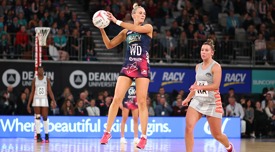 Renae Ingles of the Vixens competes for the ball during the round 7 Super Netball match between the Vixens and the Magpies at Melbourne Arena on June 10, 2019 in Melbourne, Australia. 