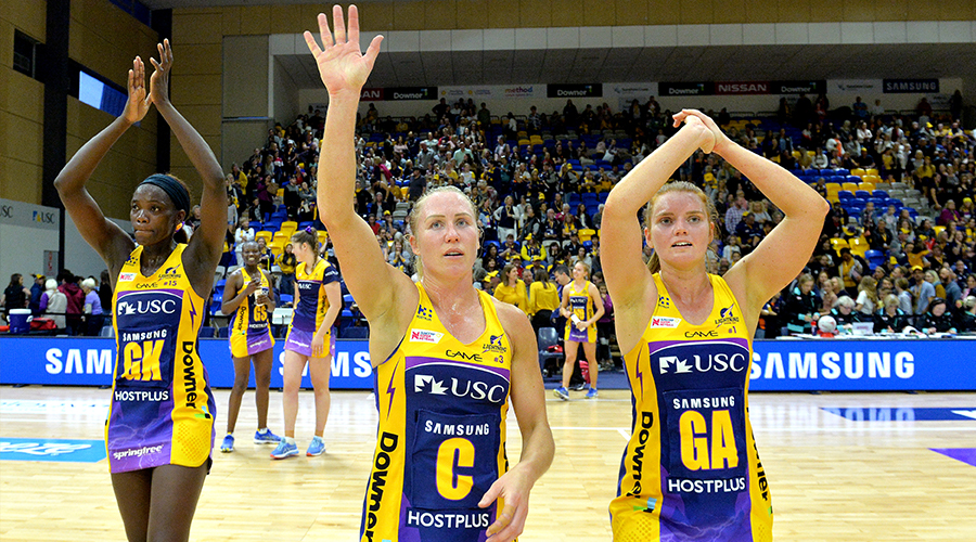 Laura Langman and Stephanie Wood of the Lightning celebrate victory after the round 9 Super Netball match between the Lightning and the Fever at University of Sunshine Coast on June 22, 2019 in Sunshine Coast, Australia.