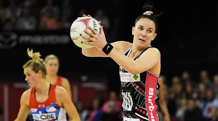 Adelaide Thunderbirds midcourter Shadine Van Der Merwe takes possession against the NSW Swifts in Round 9