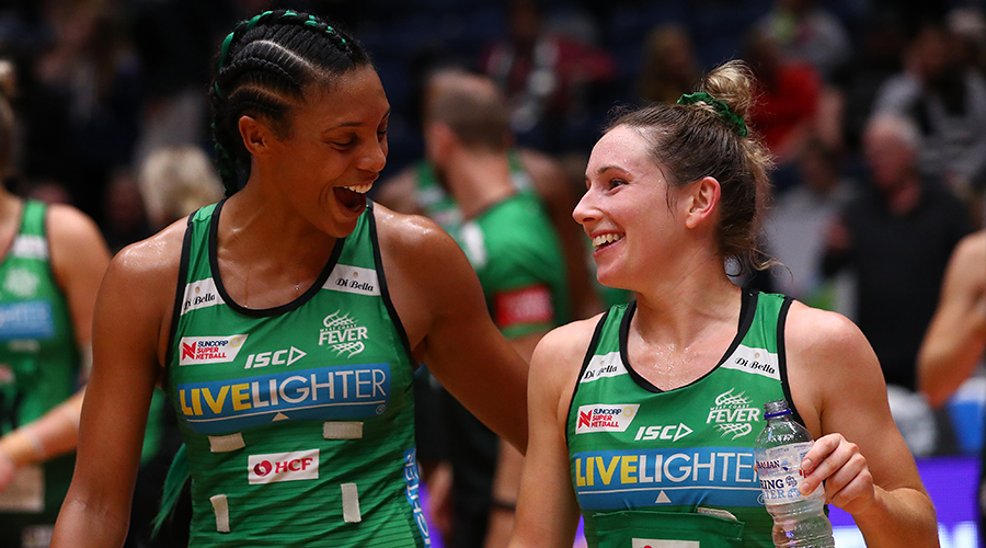 Stacey Francis of the Fever (L) and Ingrid Colyer of the Fever celebrate victory during the round 5 Super Netball match between the Collingwood Magpies and the West Coast Fever at Bendigo Stadium on May 25, 2019 in Bendigo, Australia.