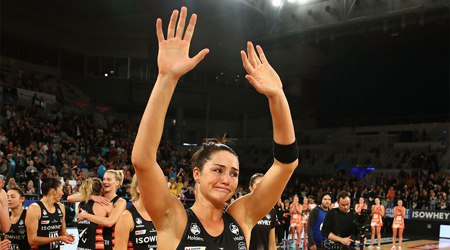 Sharni Layton waving to the crowd after playing her last home game at a national level