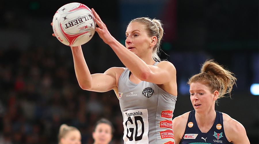 April Brandley of the Magpies competes for the ball during the round 7 Super Netball match between the Vixens and the Magpies at Melbourne Arena on June 10, 2019 in Melbourne, Australia