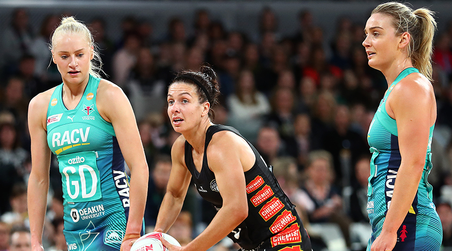 Ashleigh Brazill of the Magpies passes during the round 14 Super Netball match between the Collingwood Magpies and the Melbourne Vixens at Melbourne Arena on August 25, 2019 in Melbourne, Australia.