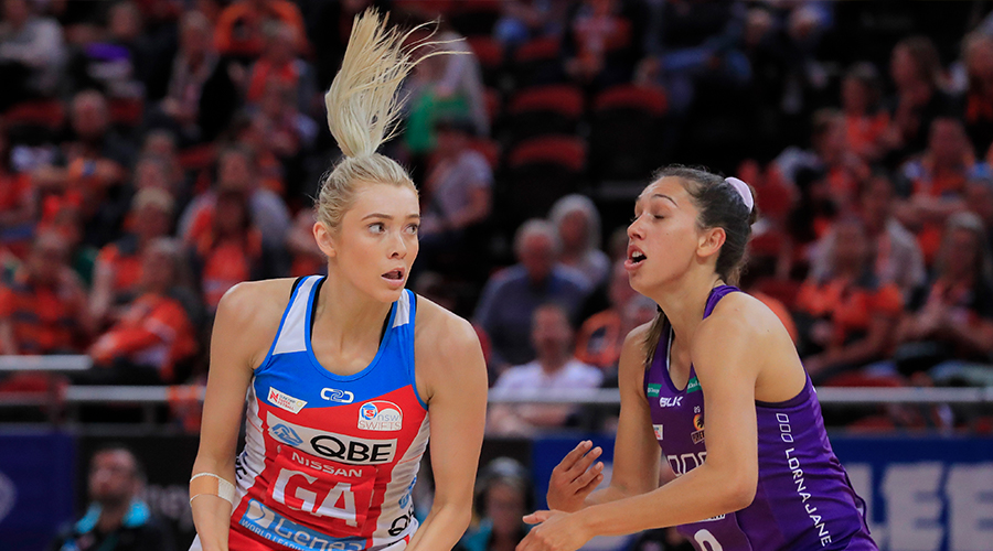  Helen Housby of the Swifts looks to pass during the round 14 Super Netball match between the New South Wales Swifts and Queensland Firebirds at Qudos Bank Arena on August 24, 2019 in Sydney, Australia. 