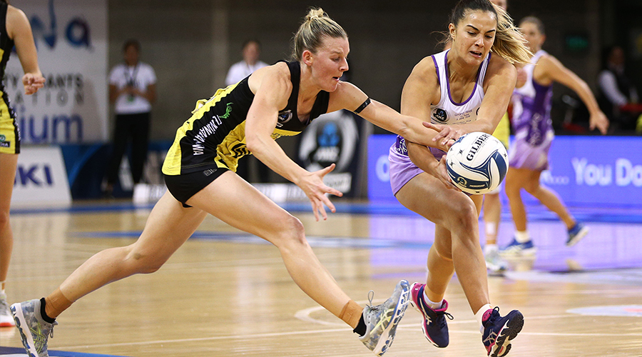 Holly Fowler of the Stars and Katrina Rore of the Pulse compete for the ball during the ANZ Premiership Netball Final between the Pulse and the Stars at Te Rauparaha Arena on June 03, 2019 in Wellington, New Zealand.