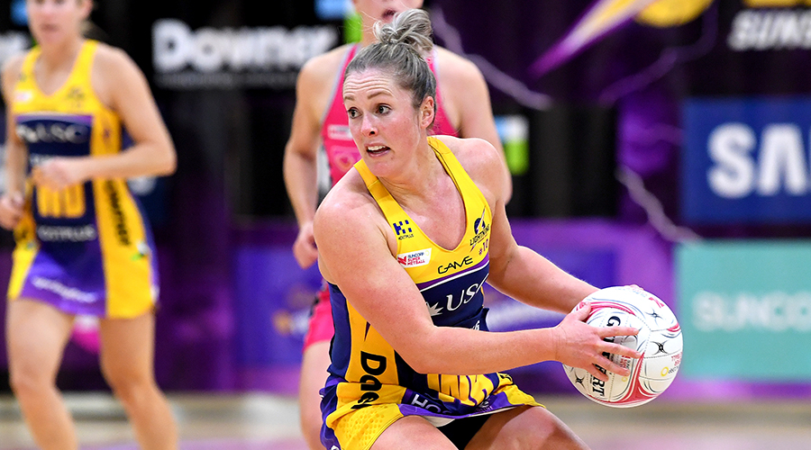 Laura Scherian of the Lightning in action during the round 14 Super Netball match between the Sunshine Coast Lightning and Adelaide Thunderbirds at University of Sunshine Coast on August 24, 2019 in Sunshine Coast, Australia.