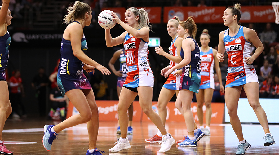Natalie Haythornthwaite of the Swifts in action during the round 12 Super Netball match between the Sydney Swifts and the Melbourne Vixens at Quay Centre on August 10, 2019 in Sydney, Australia