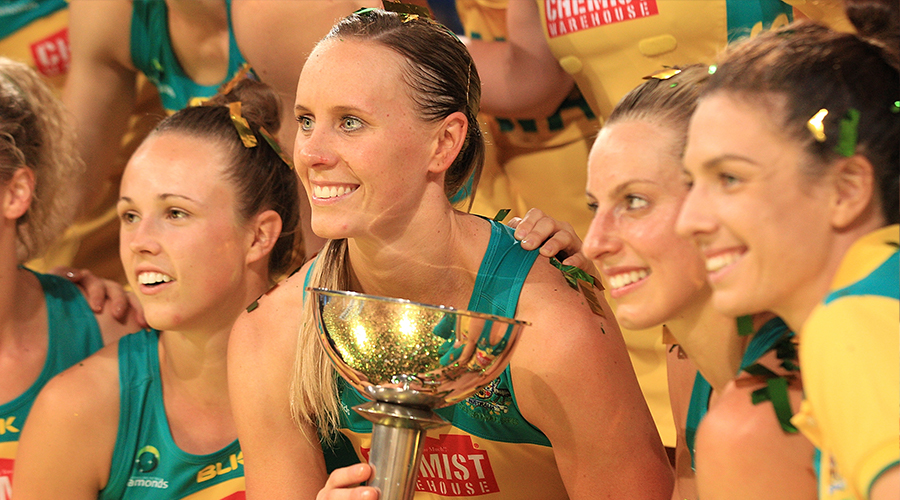 Renae Ingles and Laura Geitz of Australia hold the "Constelation Cup" after winning the series during the International Test Match between the Australian Diamonds and the New Zealand Silver Ferns at Perth Arena on October 30, 2015 in Perth, Australia. 
