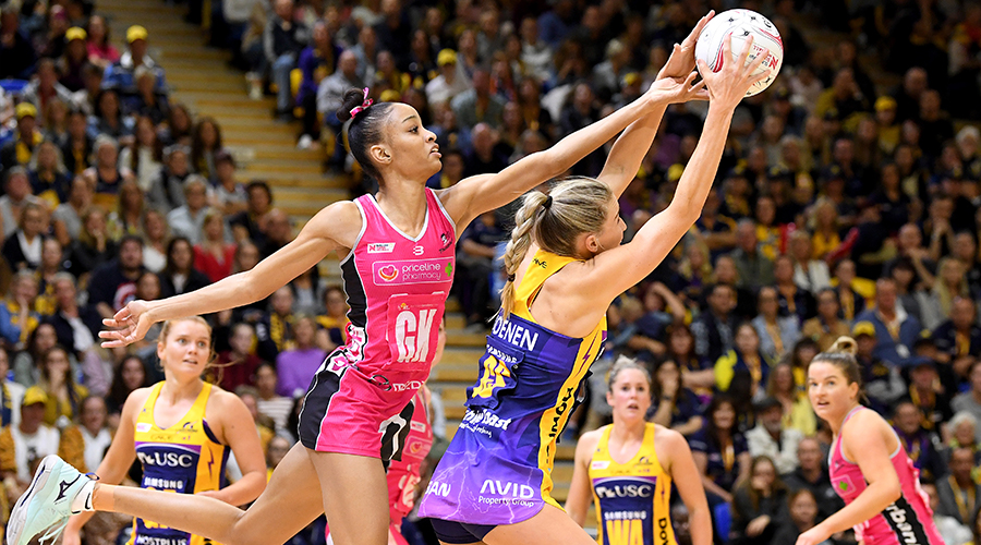 Cara Koenen of the Lightning and Shamera Sterling of the Thunderbirds challenge for the ball during the round 14 Super Netball match between the Sunshine Coast Lightning and Adelaide Thunderbirds at University of Sunshine Coast on August 24, 2019 in Sunshine Coast, Australia. 