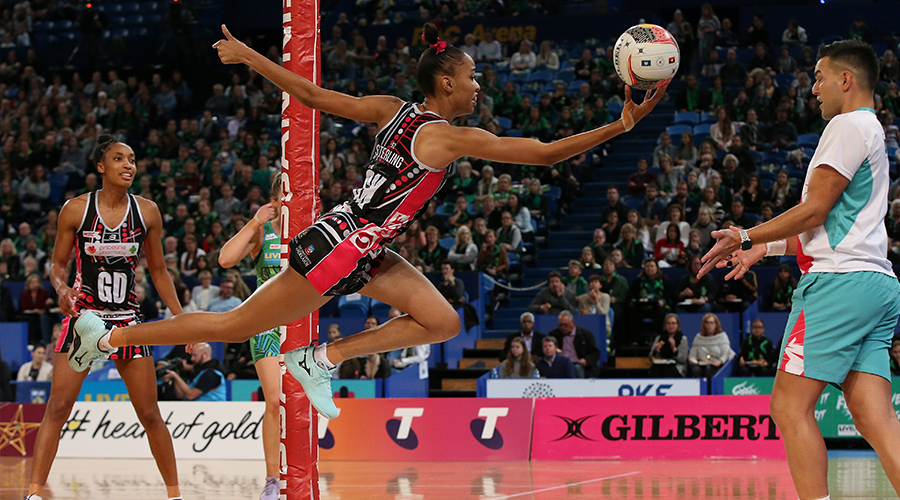 Shamera Sterling of the Thunderbirds attempts to keep the ball in play during the round 8 Super Netball match between the Fever and the Thunderbirds at RAC Arena on June 15, 2019 in Perth, Australia. 