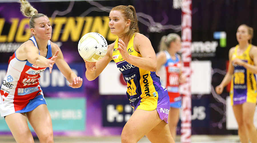 Stephanie Wood of the Lightning passes the ball during the Super Netball Major Semi Final match between the Lightning and the Swifts at USC Stadium on August 31, 2019 in Sunshine Coast, Australia.