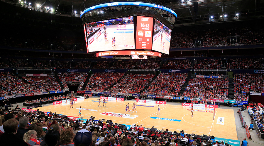 A general view during the round 14 Super Netball match between the New South Wales Swifts and Queensland Firebirds at Qudos Bank Arena on August 24, 2019 in Sydney, Australia. 