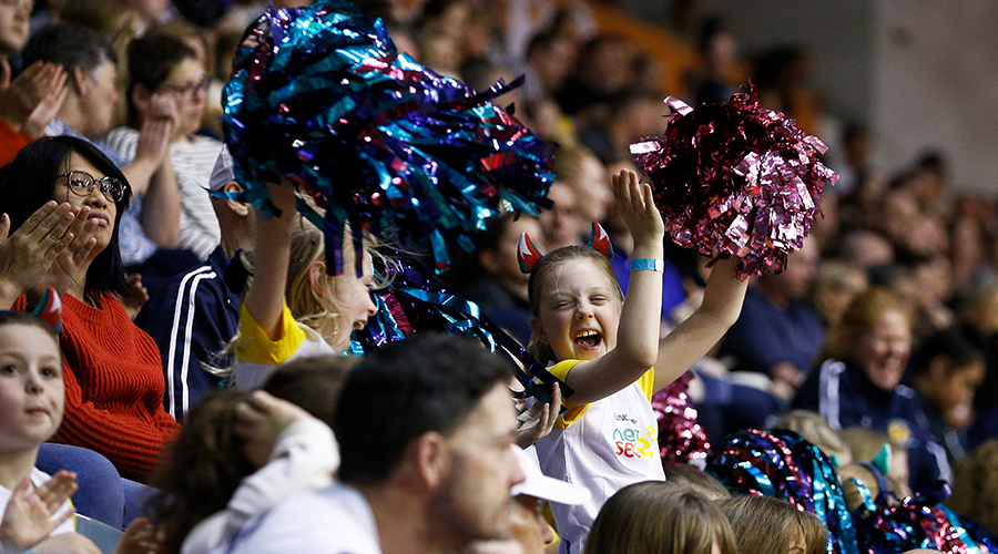 Vixens fans show their support during the Super Netball Minor Semi Final match between the Melbourne Vixens and the Collingwood Magpies at the State Netball and Hockey Centre on September 01, 2019 in Melbourne, Australia. 