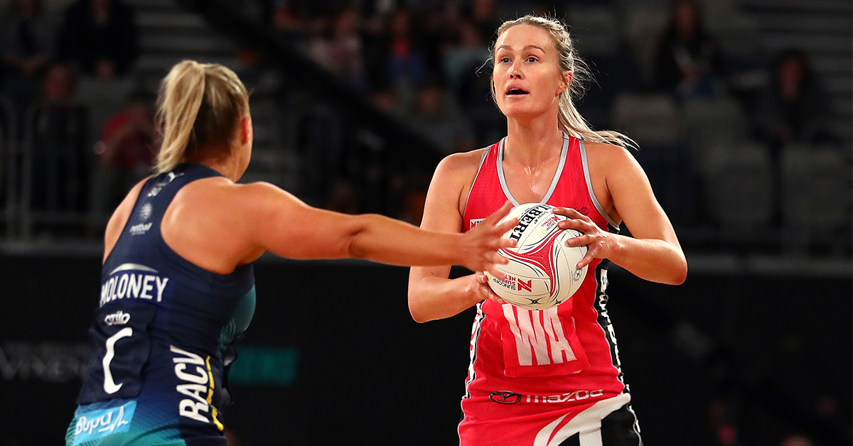 Chelsea Pitman of the Thunderbirds catches the ball during the round 10 Super Netball match between the Vixens and the Thunderbirds at Melbourne Arena on July 28, 2019 in Melbourne, Australia.
